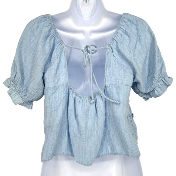 Urban Romantics Babydoll Peasant Style Top Ruffle Detail Open Back Blue Size XS - Picture 6 of 9